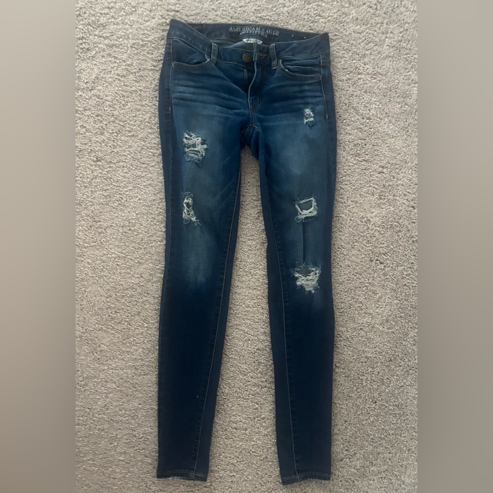 American Eagle Outfitters Blue Skinny Jeans with Distressed Details